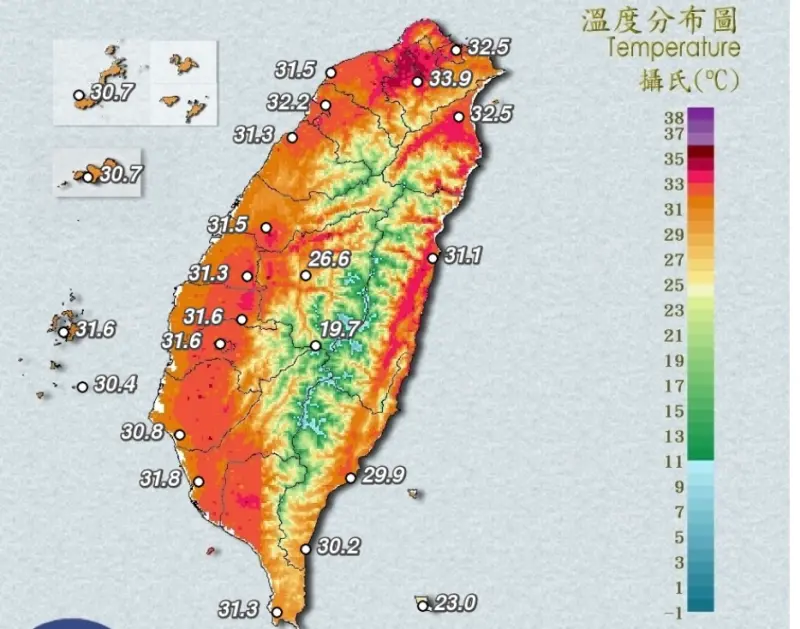 ▲今（3）日白天新北市為橙色燈號，中央氣象署高溫特報，有38度極端高溫出現的機率。（圖／中央氣象署cwa.gov.tw）