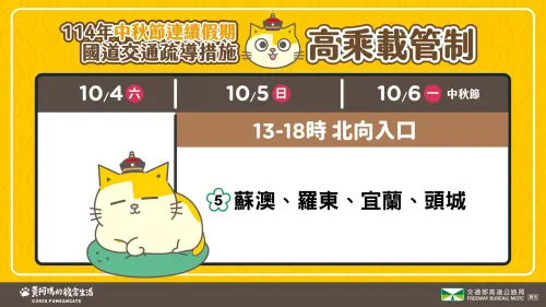 ▲中秋連假期間，10月5日至10月6日，每日13時至18時，國道5號 蘇澳、羅東、宜蘭及頭城之北向入口將實施高乘載管制。（圖／高公局提供）