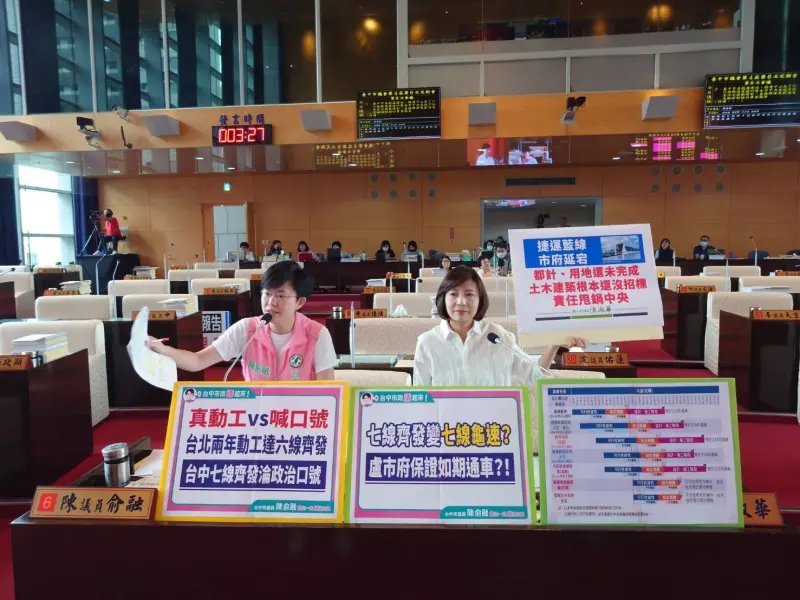▲議員陳淑華、陳俞融直指，捷運藍線進度落後，批評市府動工儀式「只是秀給市民看」。(圖／柳榮俊攝2025.10.3)