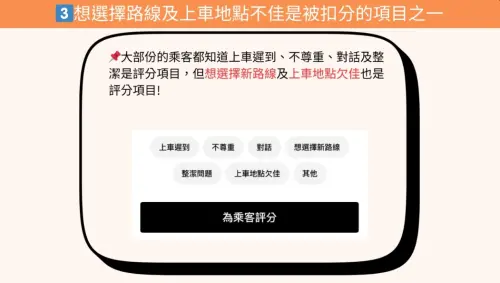 ▲Uber司機公佈乘客會被扣分的相關項目，其中最多人踩到地雷就是「錯誤的上車地點」。（圖/衝了拉甘苦司機）