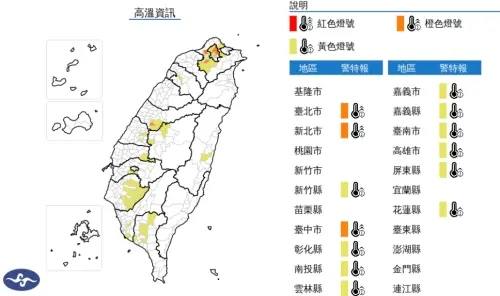 ▲臺北市、新北市為橙色燈號，有38度極端高溫出現的機率