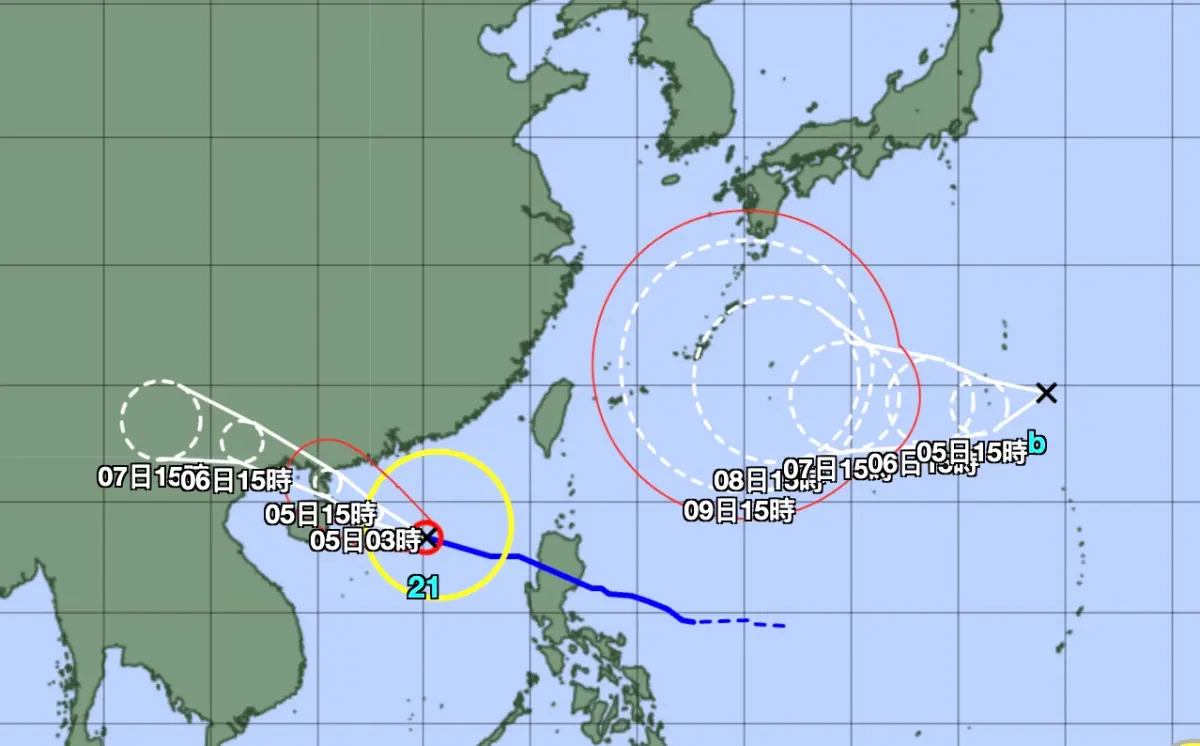 ▲哈隆颱風生成後，路徑預估移動到琉球群島附近，之後再慢慢北轉，但不確定仍大。（圖／翻攝日本氣象廳）