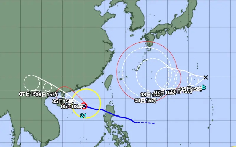 ▲哈隆颱風生成後，路徑預估移動到琉球群島附近，之後再慢慢北轉，但不確定仍大。（圖／翻攝日本氣象廳）