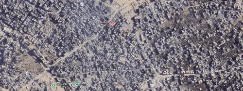 ▲2024年12月1日以哈戰爭爆發後，加薩走廊Subha Harazin醫院衛星空照圖，多處建築物被夷為平地。（圖／翻攝自Google）