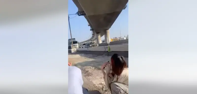    ▲李雅萍與同仁開車帶台胞撤離以色列路上，遇到火箭空襲，眾人緊急停車躲在橋墩下避難。（圖／翻攝自林佳龍臉書）  