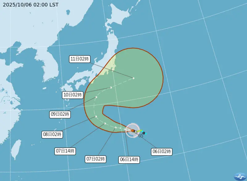 ▲哈隆颱風路徑調整在日本南方海面向東北大迴轉，強度持續增強至中颱，但距離台灣很遠，因此對台沒有直接影響。（圖/中央氣象署cwa.gov.tw）