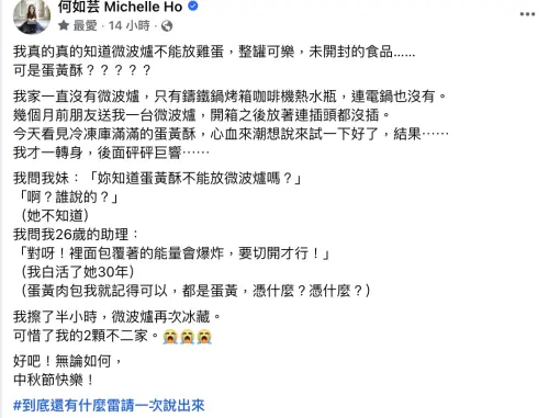 ▲何如芸把蛋黃酥放進微波爐，結果炸開害她擦了半小時。（圖／翻攝自何如芸臉書）