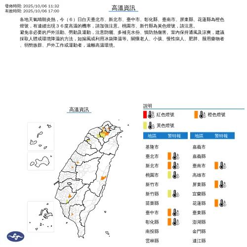 ▲中秋節天氣晴朗炎熱，氣象署針對9縣市發布「高溫資訊」。（圖／中央氣象署cwa.gov.tw）
