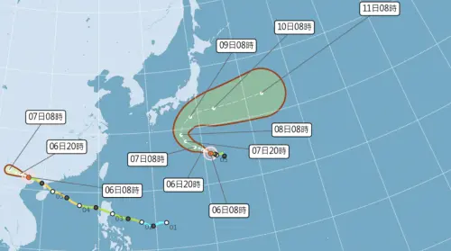 ▲西北太平洋有2個颱風，哈隆颱風往西北向日本南方海面移動，麥德姆颱風已經登陸中國廣西。（圖／中央氣象署cwa.gov.tw）