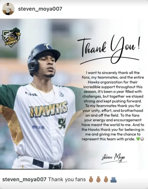 ▲台鋼雄鷹洋砲魔鷹仍未確定明年續披雄鷹戰袍，離台前，也在社群發文感謝球迷支持。（圖／取自魔鷹IG限動）