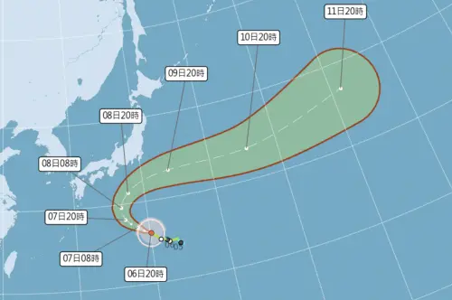 ▲哈隆颱風路徑持續往西北，週三（10/8）移動到琉球附近時會減速，並出現「大幅度北轉再往東」的變化（圖／中央氣象署cwa.gov.tw）