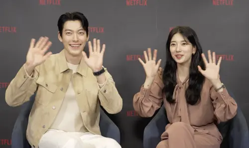 ▲金宇彬（左）與秀智接受台灣媒體訪問，宣傳熱播的《許願吧，精靈》。（圖／Netflix）