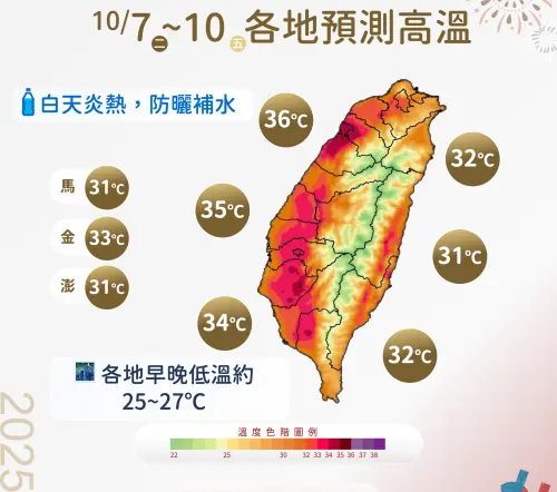 ▲今天氣溫炎熱，新竹、苗栗、台中、台南有局部36度左右高溫發生的機率。（圖／中央氣象署cwa.gov.tw）