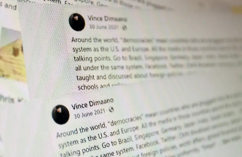 ▲路透社揭露，中資公司InfinitUs操控假帳號在臉書發表親中貼文。圖為疑似假帳號「Vince Dimaano」的貼文截圖。（圖／路透社／達志影像）