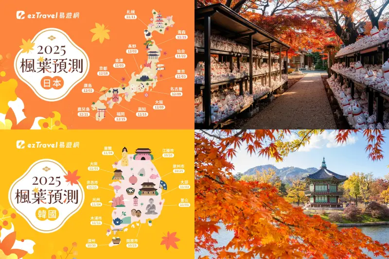 ▲日本賞楓11月中旬起由北海道率先轉紅，一線城市東京則於12月上旬展開，華航促銷票價最低免1萬2千元；韓國賞楓季約於10月中下旬開跑，赴韓追楓搭華航，最低9千有找即可出發，極具吸引力（圖／易遊網提供）