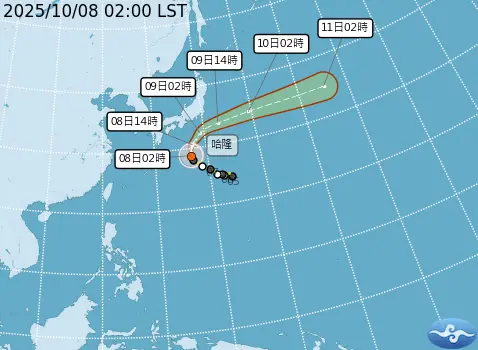▲中度颱風哈隆，今移動到琉球附近會減速，並出現「大幅度北轉再往東」的變化，對台無影響。（圖／中央氣象署cwa.gov.tw）
