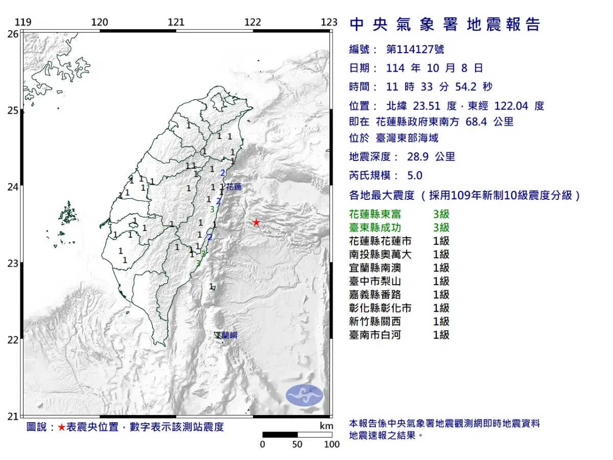 ▲今天上午11時33分台灣東部海域發生芮氏規模5地震，震央在花蓮縣政府東南方68.4公里處，深度28.9公里。（圖／中央氣象署cwa.gov.tw）