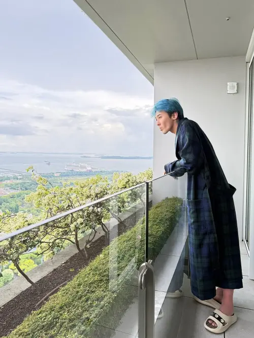 ▲GD頂素顏穿睡袍眺望遠方，悠閒自在。（圖／IG@8lo8lo8lowme）