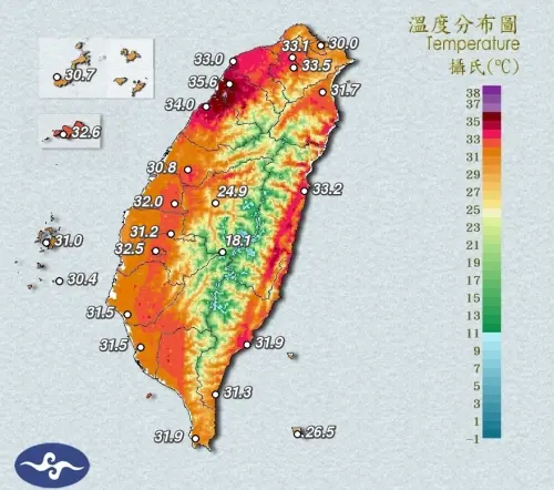 ▲今天有微弱的東北季風南下影響台灣，因此北台灣不只有短暫陣雨，氣溫相較前幾日動輒36度以上也有所下滑。（圖／中央氣象署cwa.gov.tw）