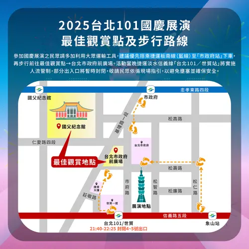▲2025台北101國慶眼火，最佳觀賞點及步行路線。（圖／台北101提供）