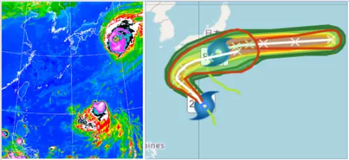 ▲日本南方海面有「強颱哈隆」，琉球東南方海面則有另一「輕颱娜克莉」。最新「路徑潛勢預測圖」及「暴風圈侵襲機率圖」顯示，「強颱哈隆」在日本南方海面轉向東北東前進，侵襲日本本土的機率低；「輕颱娜克莉」向西北進行，未來前進至琉球東方海面，亦有大迴轉的路徑，似乎也會閃過日本本土。（圖／氣象應用推廣基金會．洩天機教室專欄）