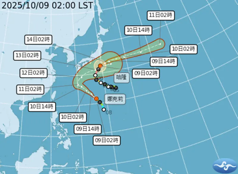 ▲中央氣象署預測雙十國慶連假天氣，北東迎風須注意雷陣雨。氣象專家吳德榮則提到，目前日本南方海面雙颱「哈隆、娜克莉」共存，兩者路徑將大迴轉。（圖／中央氣象署cwa.gov.tw）
