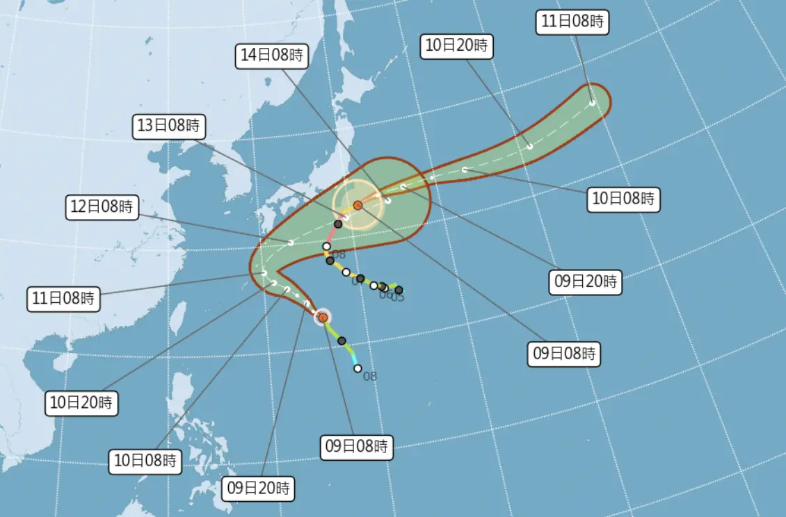▲哈隆颱風已減弱為中颱，路徑往東北，娜克莉颱風週五、週六北轉，前往日本南方，週六離台灣最近。（圖／中央氣象署cwa.gov.tw）