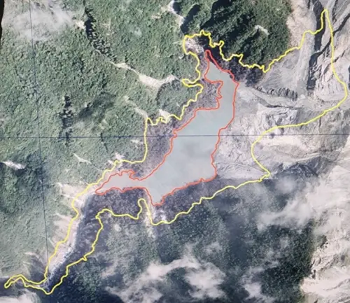 Matai'an Creek barrier lake capacity before (yellow line) and after (red line) breach. (Image: FANCA)