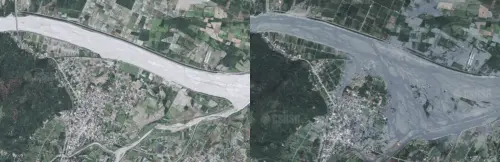 Satellite imagery of Guangfu before (left) and after (right) the flood. (Images: National Central University)