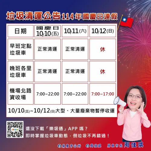 ▲屏東市國慶廉價垃圾清運資訊一覽。（圖／屏東市公所提供）