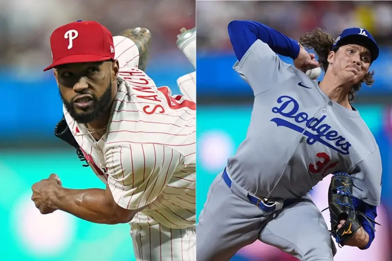 ▲國聯分區系列賽（NLDS）G4登場，洛杉磯道奇隊目前暫時以2：1領先費城費城人，10日推派右投格拉斯諾（Tyler Glasnow）先發，對決對方王牌左投桑契斯（Cristopher Sánchez ）。（圖／美聯社／達志影像）