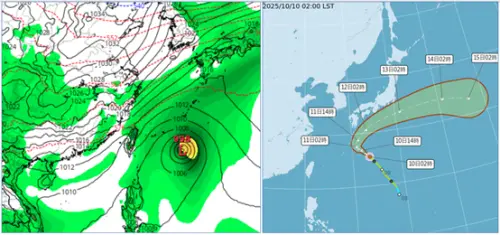 ▲第1波帶有明顯冷空氣的「東北季風」已抵達，台灣東側則另有一熱帶擾動發展。根據氣象署「路徑潛勢預測圖」顯示，「輕颱娜克莉」向西北進行，逐漸逼近琉球東方海面，未來亦有大迴轉的路徑。（圖／氣象應用推廣基金會．洩天機教室專欄）