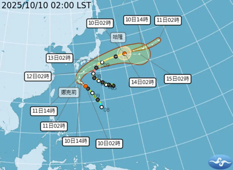▲雙十國慶日天氣出爐！中央氣象署表示，今日出現36度高溫，唯基北宜有零星偶雨；氣象專家吳德榮則公布雙颱「哈隆、娜克莉」最新路徑，也提到首波「東北季風」最快於下週抵達轉冷。（圖／中央氣象署cwa.gov.tw）
