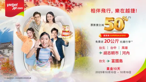 ▲輸入優惠代碼「SUPERSALE1010」，即可享經濟艙票價最高5折（未含稅金與手續費）。（圖╱越捷航空提供）