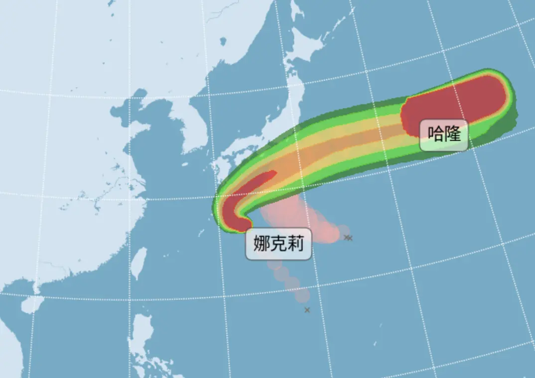 ▲氣象署指出，哈隆和娜克莉雙颱都已經轉向，不會有影響台灣的天氣，比較需要留意的是，約10天後可能會有一波東北季風報到，屆時民眾會有感覺秋天來了。（圖／中央氣象署cwa.gov.tw）