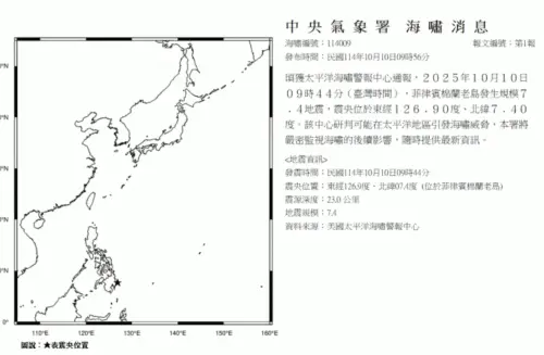 ▲菲律賓發生7.4強震，中央氣象署緊急發布海嘯消息。（圖／中央氣象署cwa.gov.tw）