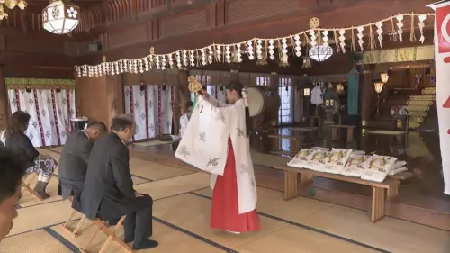 ▲ 丸久集團特別在八田米上市前於當地信仰中心防府天滿宮舉行了「八田米」的奉納儀式，盼藉此祈願台日友好。（圖／南市府提供）