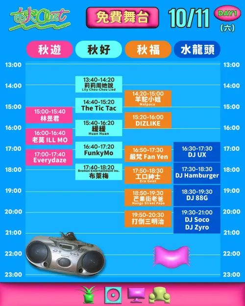 ▲「2025 秋OUT音樂節 𝘾𝙝𝙞𝙡𝙡𝙊𝙪𝙩 𝙁𝙚𝙨𝙩𝙞𝙫𝙖𝙡 」演出陣容與節目表10/11免費舞台（圖／取自 秋OUT音樂節臉書）