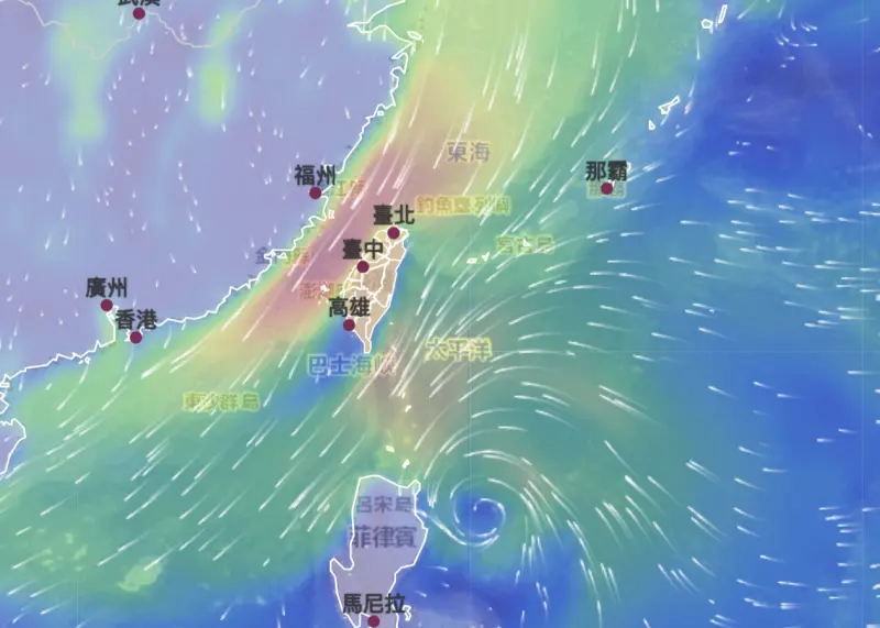 ▲從氣象署的風場預報顯示圖系統觀察10/19風場，菲律賓東方海面為低氣壓帶環境，不排除熱帶擾動發展。（圖／中央氣象署cwa.gov.tw）