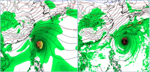▲根據最新(11日20時)歐洲模式(AIFS左圖)及美國模式(GFS右圖)19日20時模擬圖顯示，第1波帶有明顯冷空氣的「東北季風」、其前緣已抵達，台灣東側則另有熱帶系統存在，位置有明顯差異。（圖／氣象應用推廣基金會．洩天機教室專欄）
