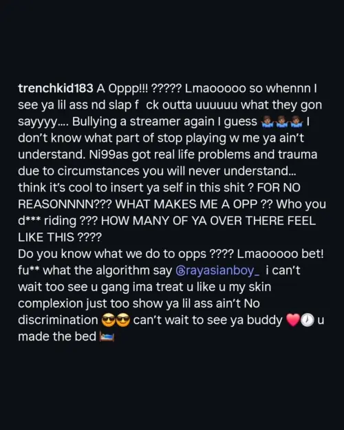 ▲我等不及要見你了，為了證明我沒種族歧視，我會像對待黑人一樣對待你。（圖／翻攝自IG trenchkid183）