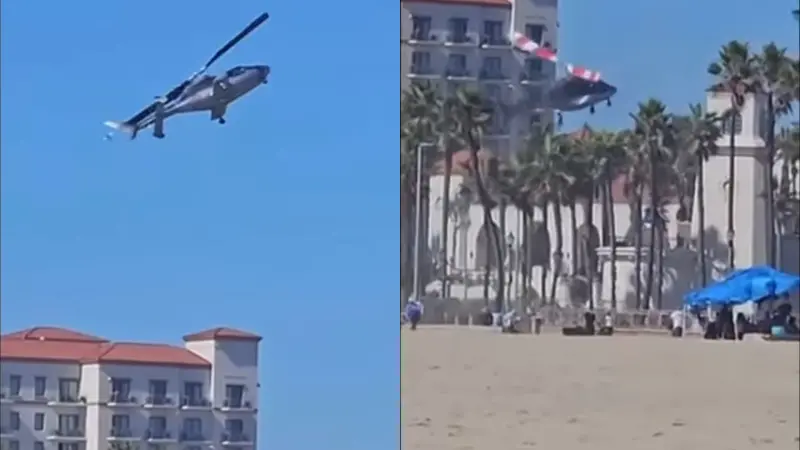 ▲一架直升機原先在美國南加州一處海灘上空飛行，突然之間失去控制並在空中不斷盤旋，最後高度驟降，撞進一排棕櫚樹當中。（圖／擷取自美聯社影片）