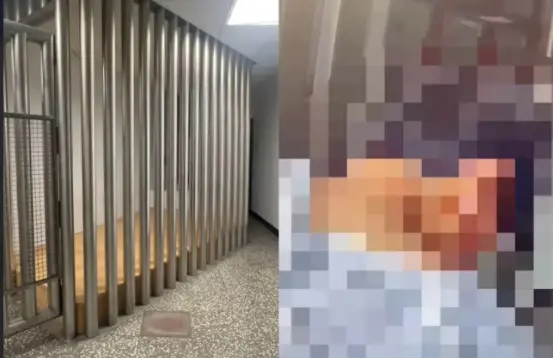 ▲通緝犯洪嫌在土城派出所拘留室（左），拔下天花板鐵片試圖輕生，被員警及時阻止，送醫確認無礙後，移送警方。（圖／翻攝畫面）