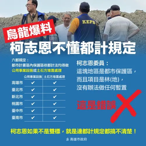 ▲大坪頂的工程物料暫置場，是合法使用，而且現場沒有違法開挖的情形 ，立委柯志恩的指控都不存在，更非事實，建議柯委員要再去瞭解一下都計法的相關規定。(圖／高市府提供)