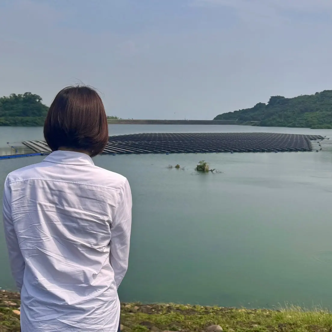 ▲陳菁徽驚見鳳山水庫出現一大面鏡片反光的發電廠，讓她傻眼直呼：「這才是台灣最真實的樣貌。」（圖／翻攝自陳菁徽臉書）