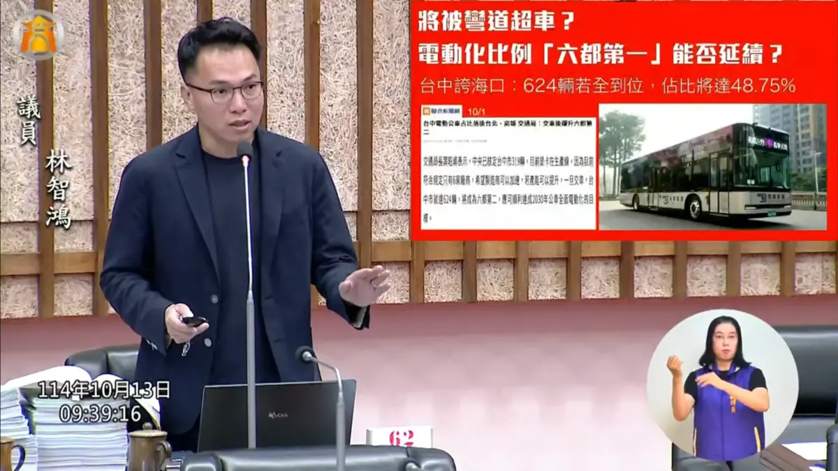 ▲為實現〈高雄市淨零條例〉願景，公車電動化、氫能化。高雄市議員林智鴻今（13）日在議會要求交通局應加速汰換老舊燃油公車。（圖／市議員林智鴻辦公室提供）