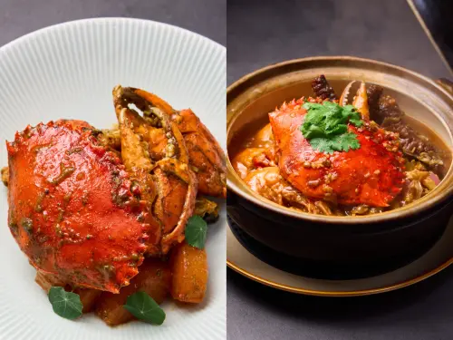 ▲左起：紫蘇白玉沙公、香惹鳳爪紅蟳煲。（圖／玖尹提供）