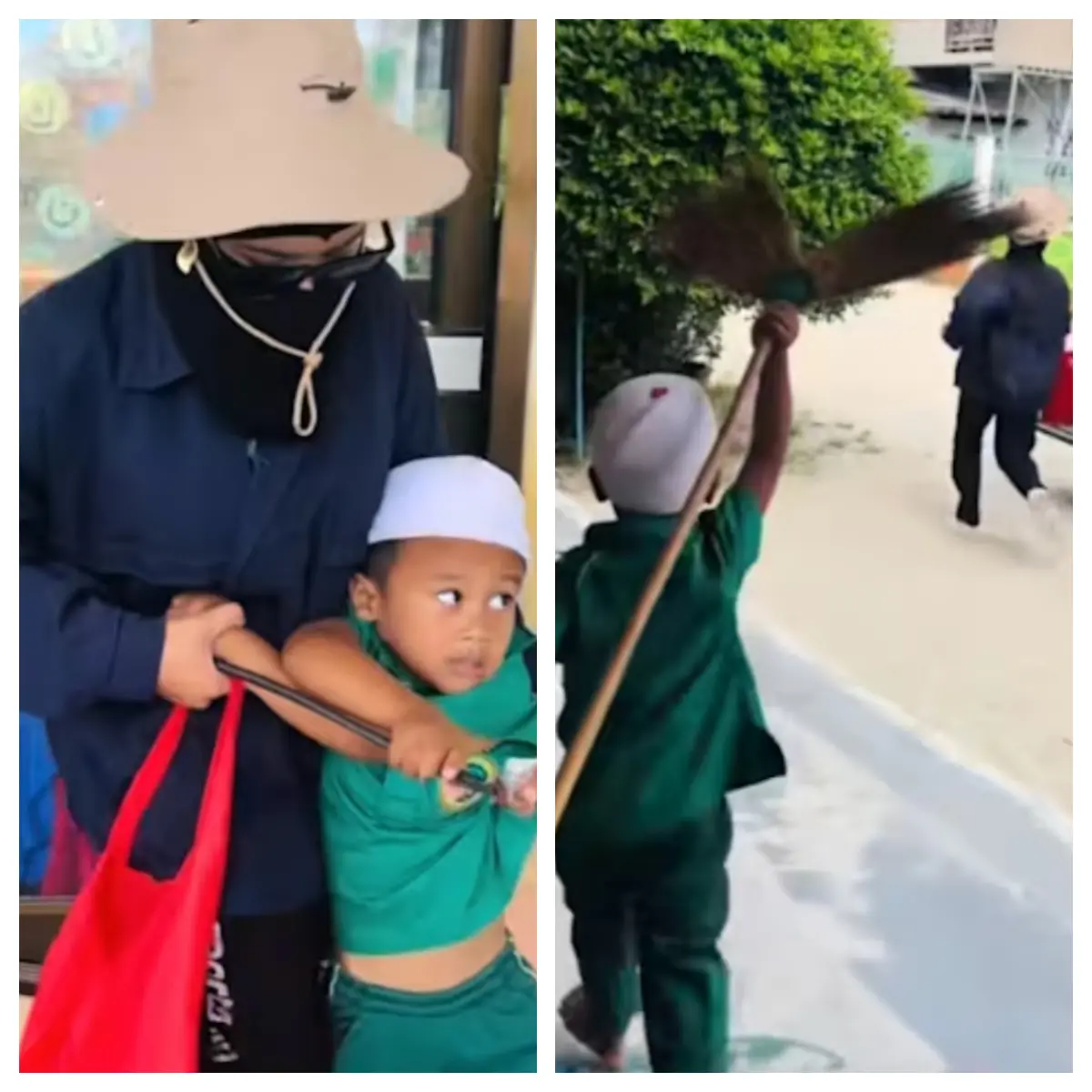 ▲泰國幼兒園安全演習出現爆笑場面，小男童拿起掃把勇敢追打扮演綁匪的老師，展現十足勇氣。（翻攝自TikTok／salisa.ll）