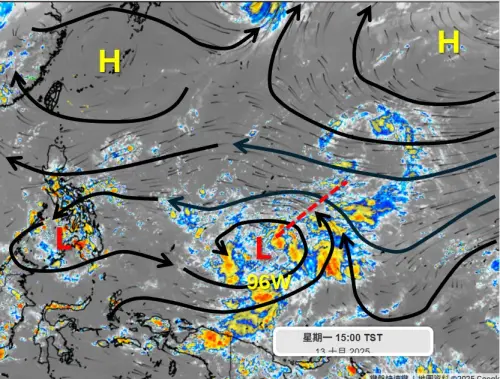 ▲風神颱風靠近巴士海峽時，可能會與環境東北風產生「共伴效應」。（圖／天氣職人-吳聖宇臉書）