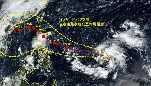 ▲風神颱風剛好遇到東北季風南下，因此要注意南北系統的交互作用，也就是所謂的「共伴效應」可能發生。（圖／天氣職人-吳聖宇臉書）
